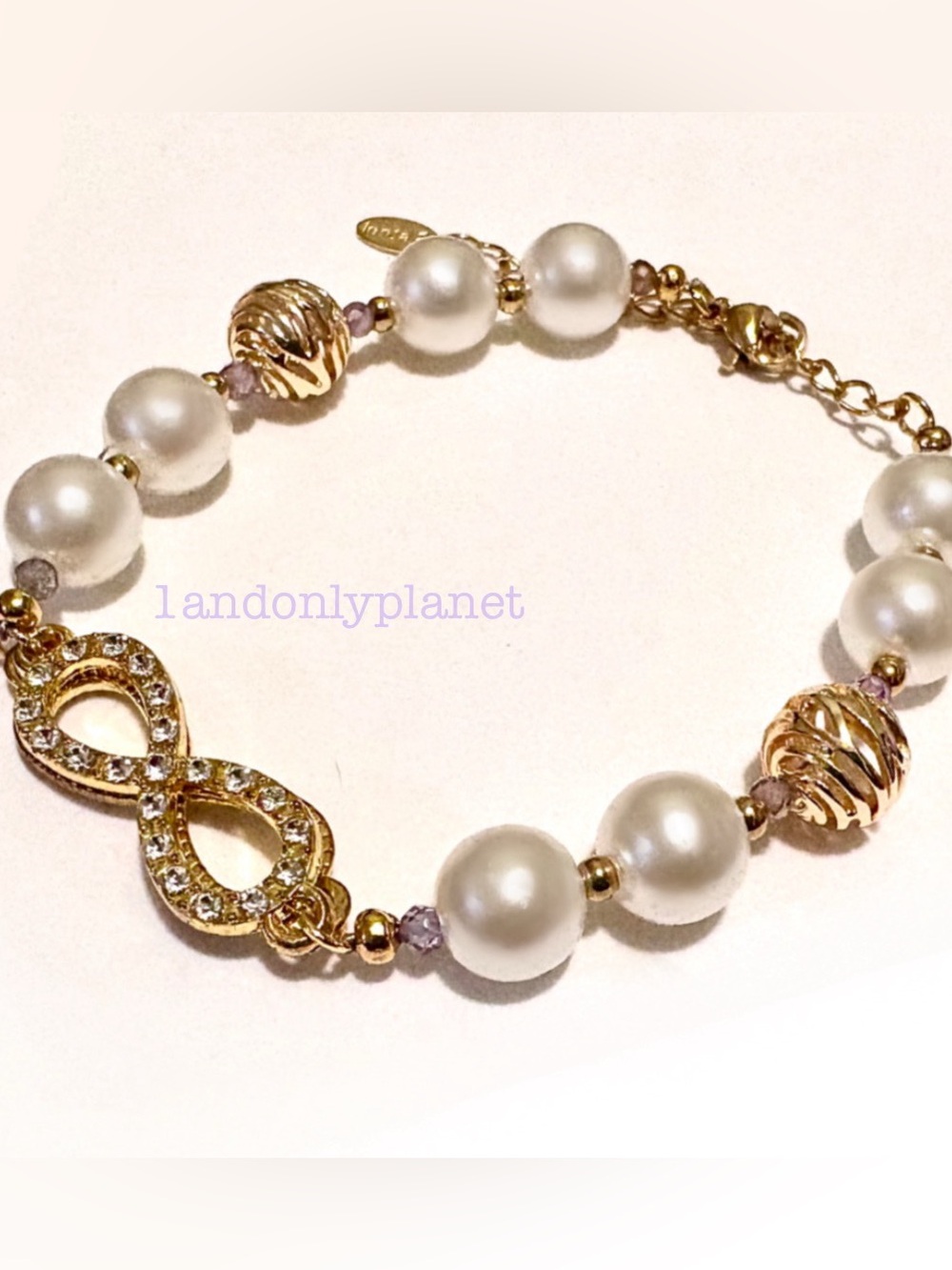 Natural Stone & Pearl Infinity Bracelet w/ Zebra Gold Beads | Gift for Her - Picture 3 of 5